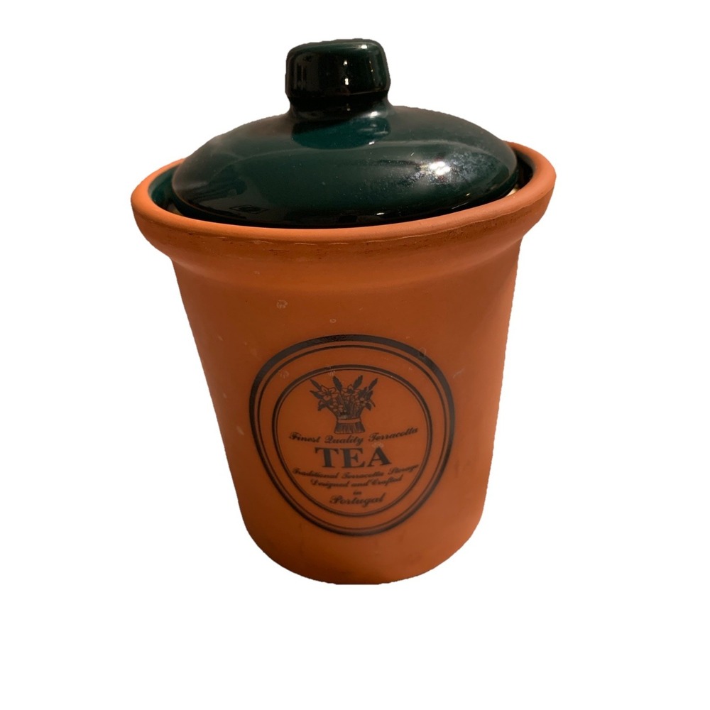 Vintage Tea Canister Terracotta Designed & Crafted In Portugal Green Lid